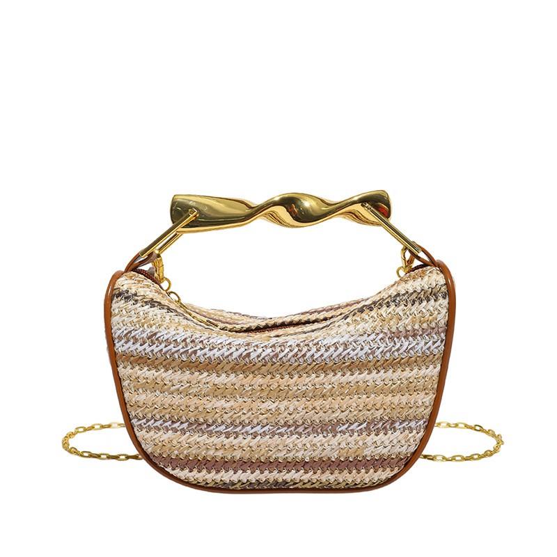 Stylish Woven Texture Pillow Bag Women Color Block Stripe Chain Shoulder Handbag Medium PU Leather Crossbody