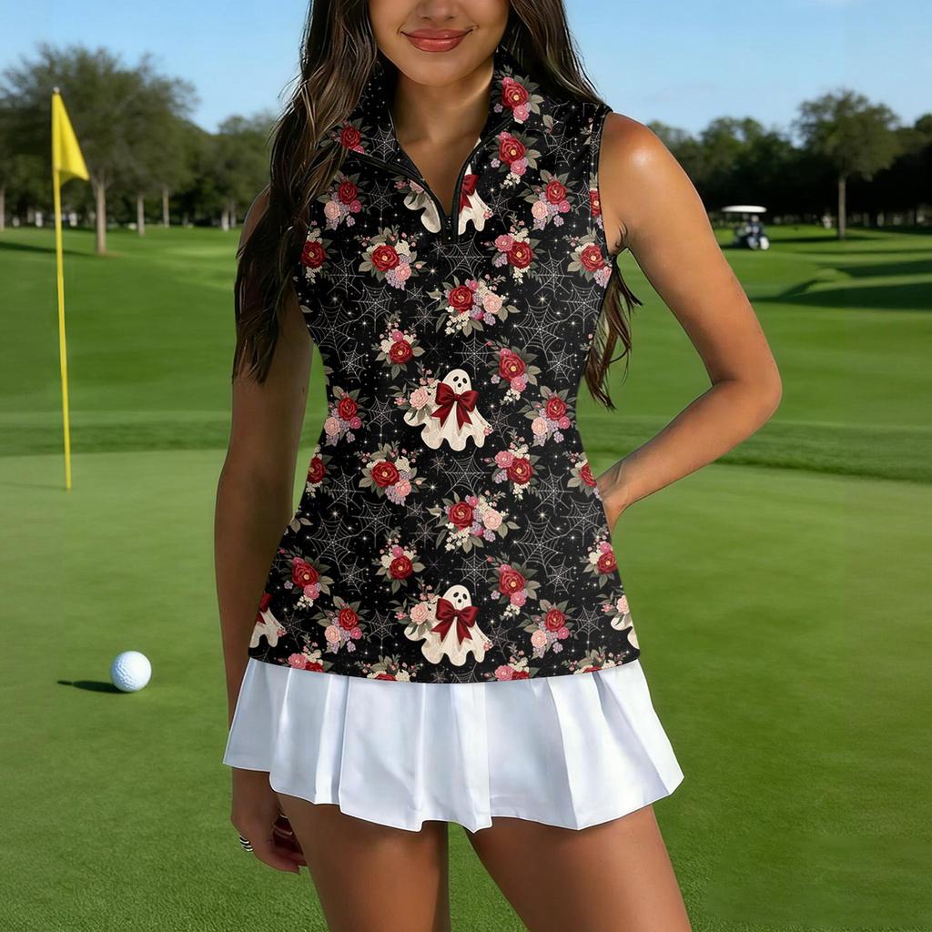 Women's Sleeveless Golf Shirt with Zipper and Halloween Print for Casual Sports Wear
