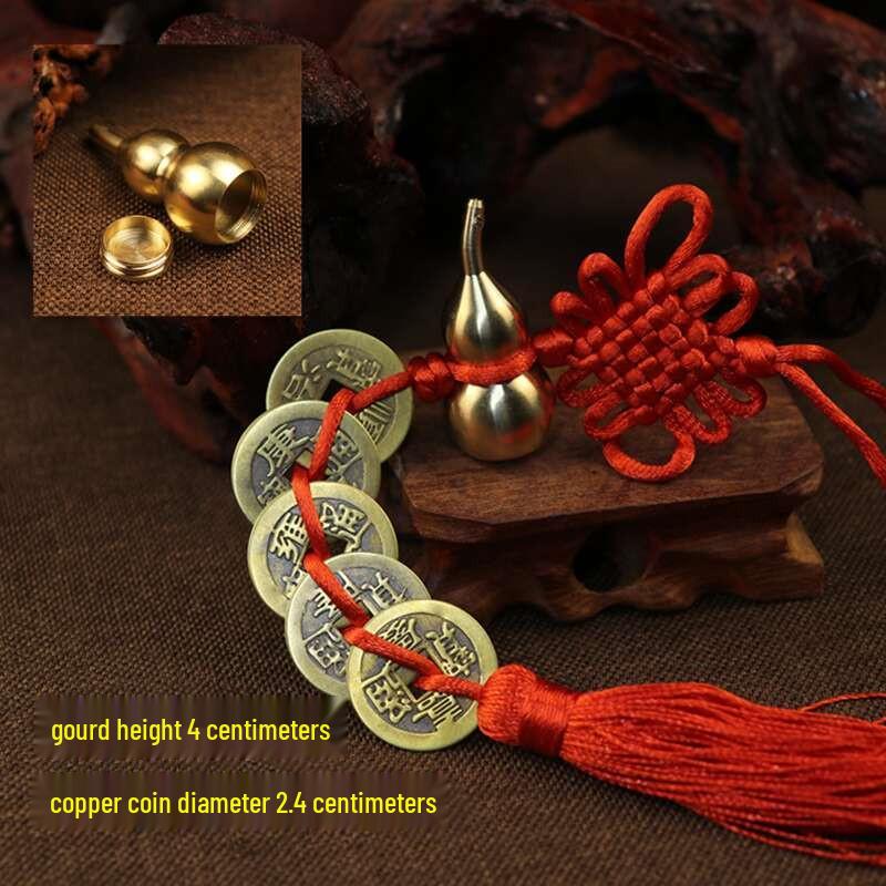 Red String Chinese Knot Copper Gourd & Five Emperors Coins Hanging Ornament for Home or Car