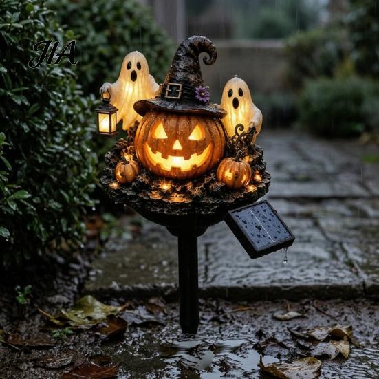 Illuminated Wizard Hat Pumpkin Solar Halloween Garden Stake Light, Waterproof LED Yard Decoration with Ground Plugs And Ghost, Outdoor Walkway