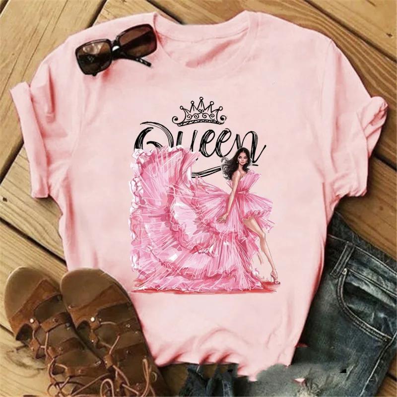 Pink Crown Queen Print Women T Shirt Short Sleeve O Neck Loose Women Tshirt Ladies Tee Shirt Tops Clothes Camisetas Mujer