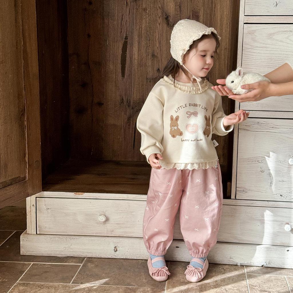 Korean Girls' Spring 2026 Cartoon Hoodie & Pants Two-Piece Set