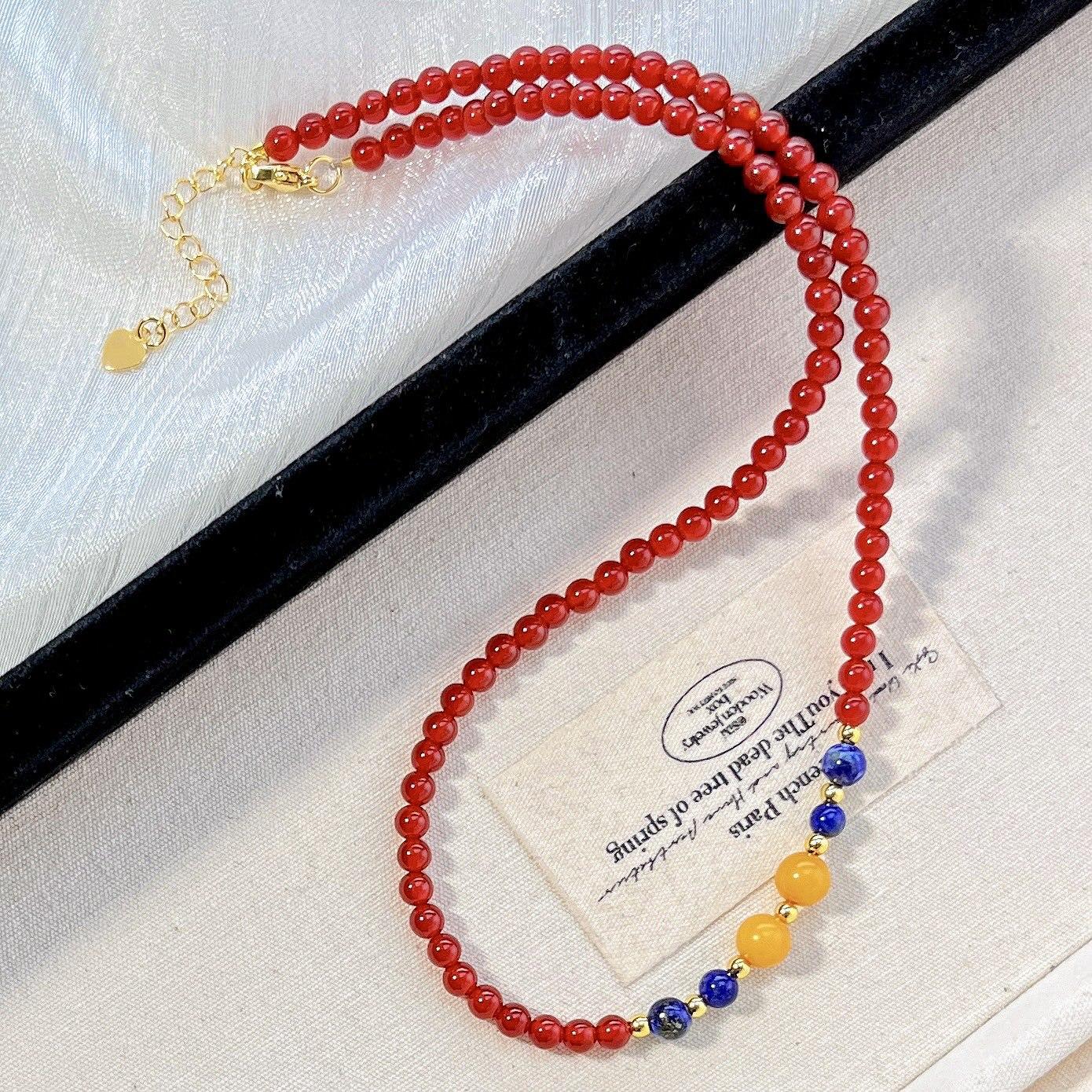4Mm Natural Chalcedony Lapis Lazuli Old Beeswax Collarbone Chain Necklace