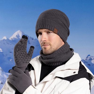 Gorro de malha masculino inverno forrado com lã quente cachecol