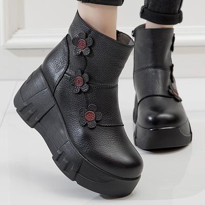 Mode GKTINOO 2024 Handgefertigte Blume Echtes Leder Damenstiefel Runde Zehen Dicke Sohle Stiefeletten Keilschuhe Retro Plateau-Stiefel