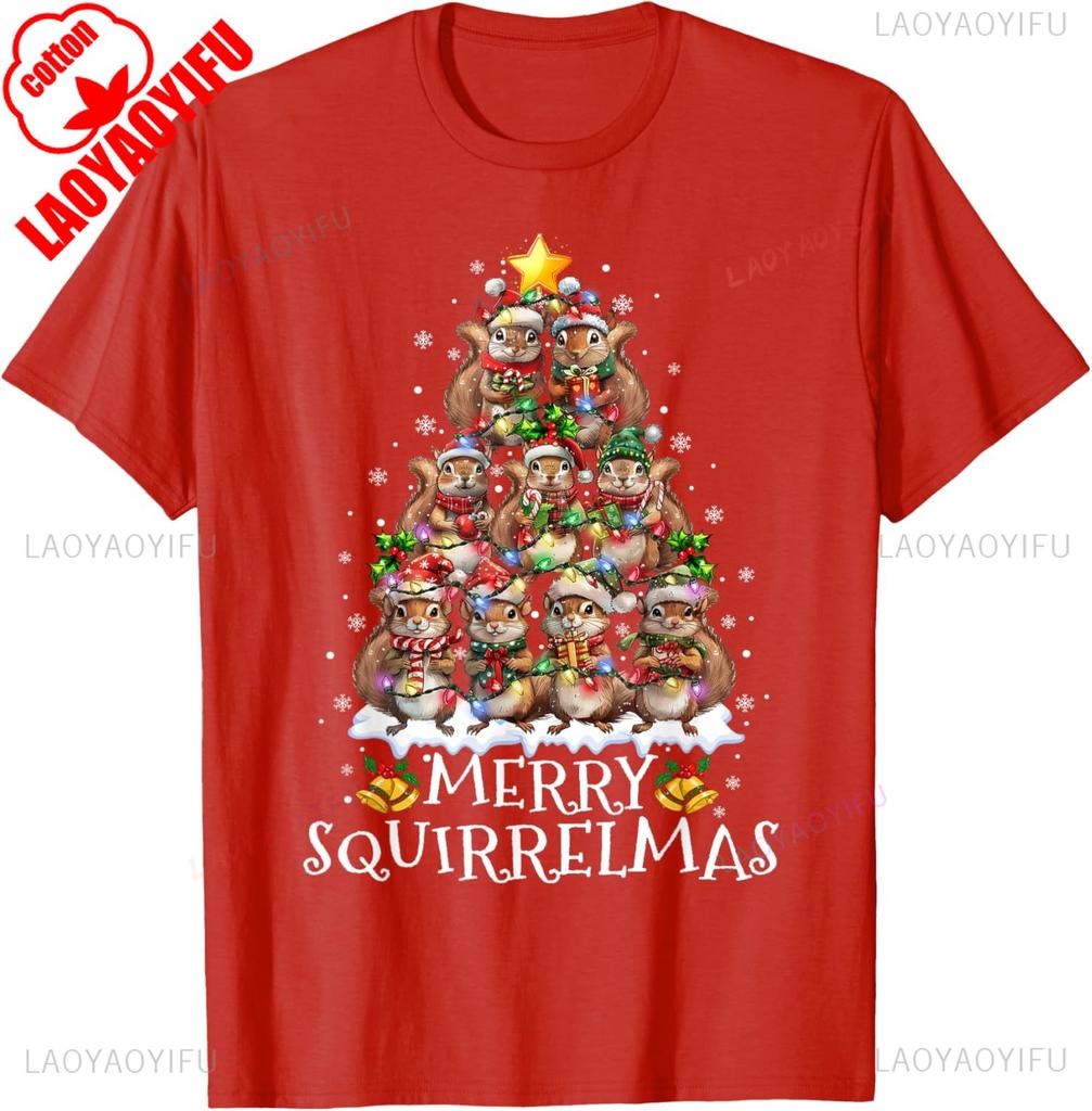 Funny Lovely Cartoons Squirrel Christmas Tree Lights Merry Squirrelmas Santa Xmas Crewneck Tops Tee Shirt Short Unisex Adult