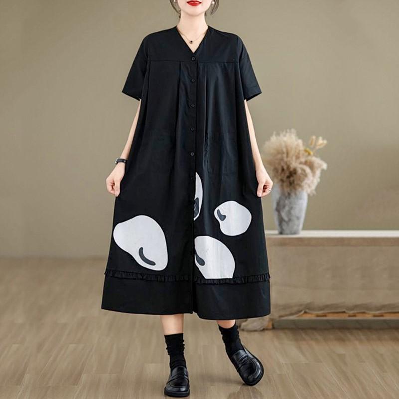 Short Sleeve Plus Size Black Cotton Vintage New In Dresses for Women Casual Loose Long Summer Dress