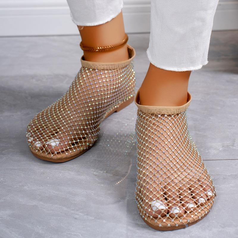 Ladies' Summer Round Toe Sandals with Hollowed Out Internet Celebrity Studded Diamond Short Boots, Sexy Plus Size Flat Shoes, Breathable
