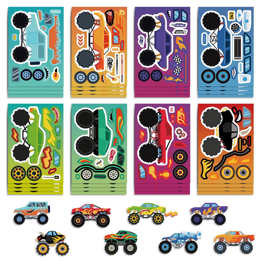81624Pcs Make A Face Monster Truck Diy Puzzle Stickers Cool Off-Road Vehicle Decals Kids Diy Assemble Jigsaw Party Decoration