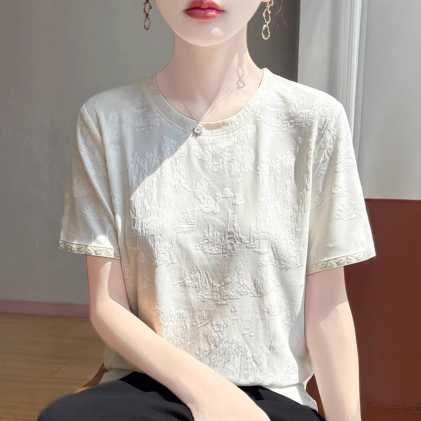 

New Embroidered Round-neck Loose-fitting Base Short-sleeved Women s New Chinese-style Jacquard Slimming Versatile T-shirt Top 4XL бежевий