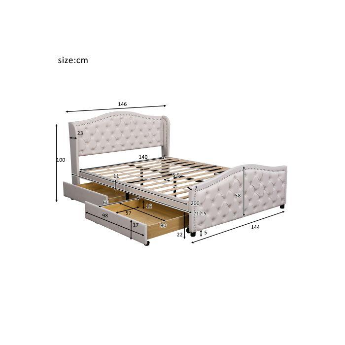 Lit capitonné - MUVOE - 140 x 200 cm - 2 tiroirs - Tête de lit haute - Bois et simili cuir blanc