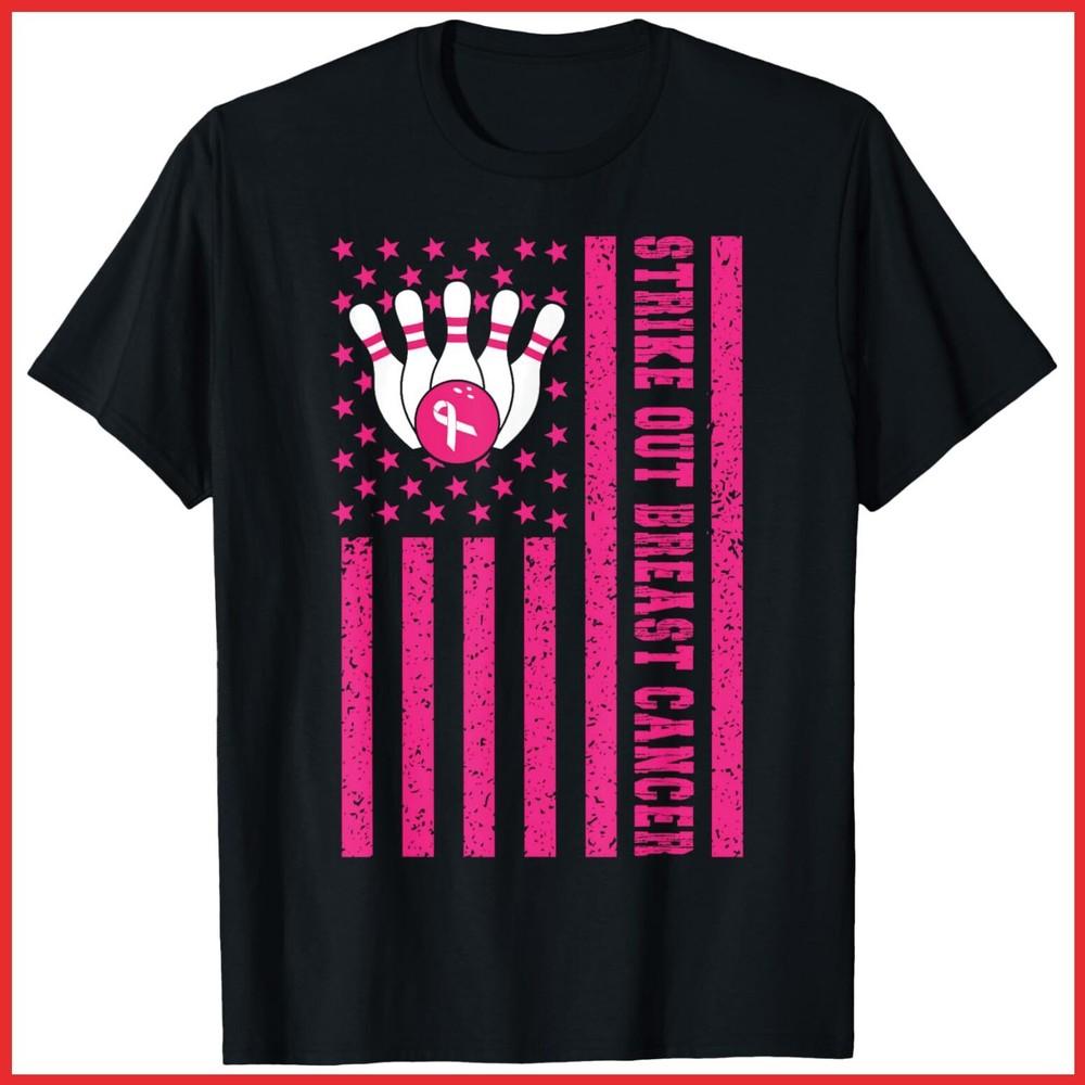 Strike Out Bowling USA Flag Breast Cancer Awareness Black Cotton T-Shirt Unisex T-Shirt M