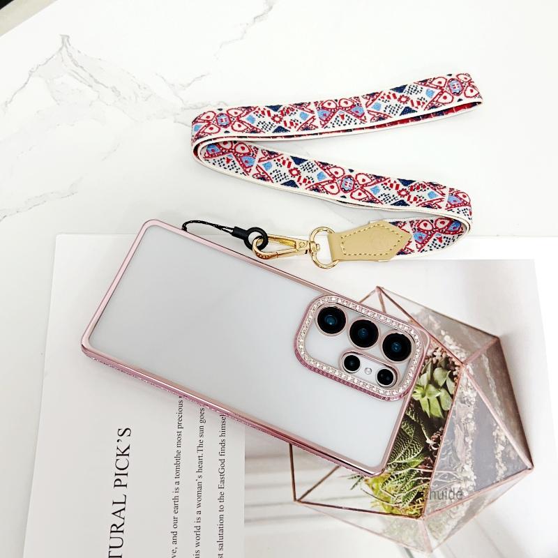 

Lanyard Case For Samsung Galaxy A56 A16 A36 A26 A17 A06 S25 Edge Crossbody Strap Metal Button Diamond Frame Clear Plating Cover S25