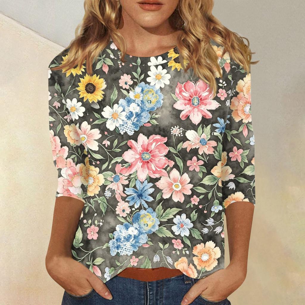 Women Casual Floral Print Three Quarter Sleeve Round Neck Blouse Lightweight Soft Fabric Comfortable Fit Top for Everyday Wear