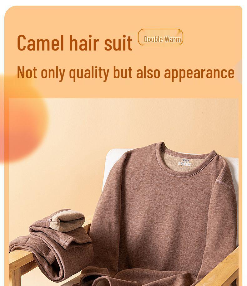 Men's Winter Warm Fleece-Lined Camel Wool Underwear Set - Crew Neck, Quick Heating, for Middle-Aged and Elderly