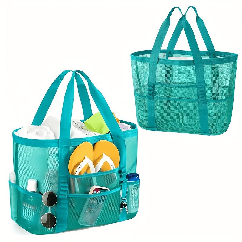 Summer Essentials Large Sandproof Mesh Beach Tote Bag with Pockets, Foldable Portable Shoulder Bag, Large Capacity Multi-Pocket Storage for Beach