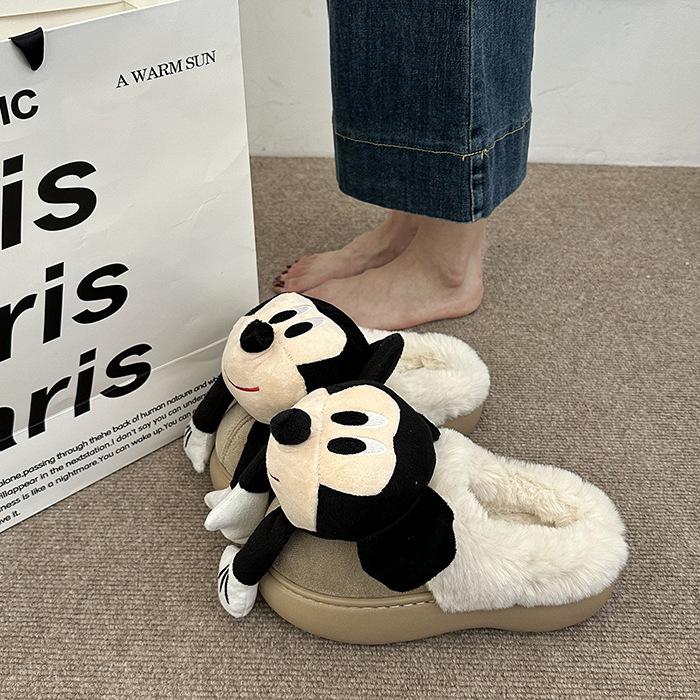 Fashion cartoon three-dimensional Mickey fluffy slippers women's 2025 autumn and winter new outer wear warm half-towed cotton slippers