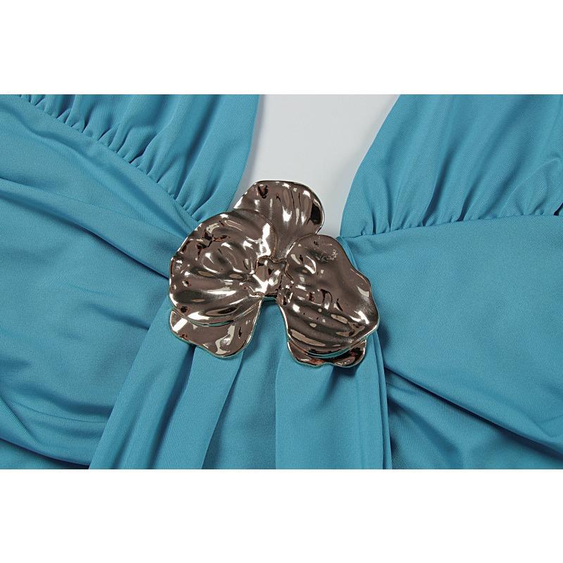 Sexy Träger-Mini-Körperbetontes Kleid mit tiefem V-Ausschnitt und Metallverzierungen in Unifarben für Damen