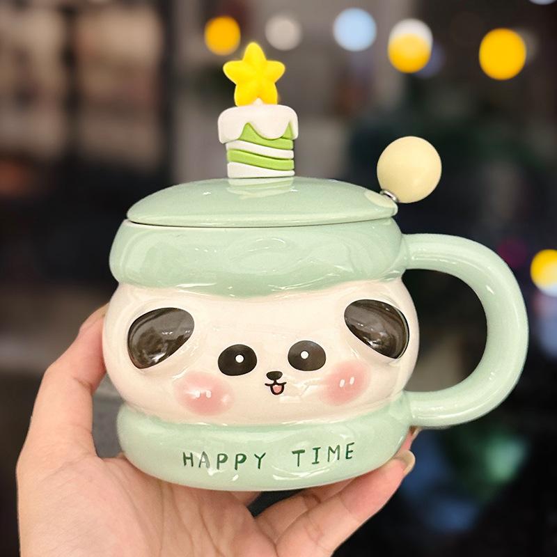 Cartoon Cute Sandwich Biscuit Ceramic Mug with Lid Spoon Cute Water Cup As A Gift for Girlfriends
