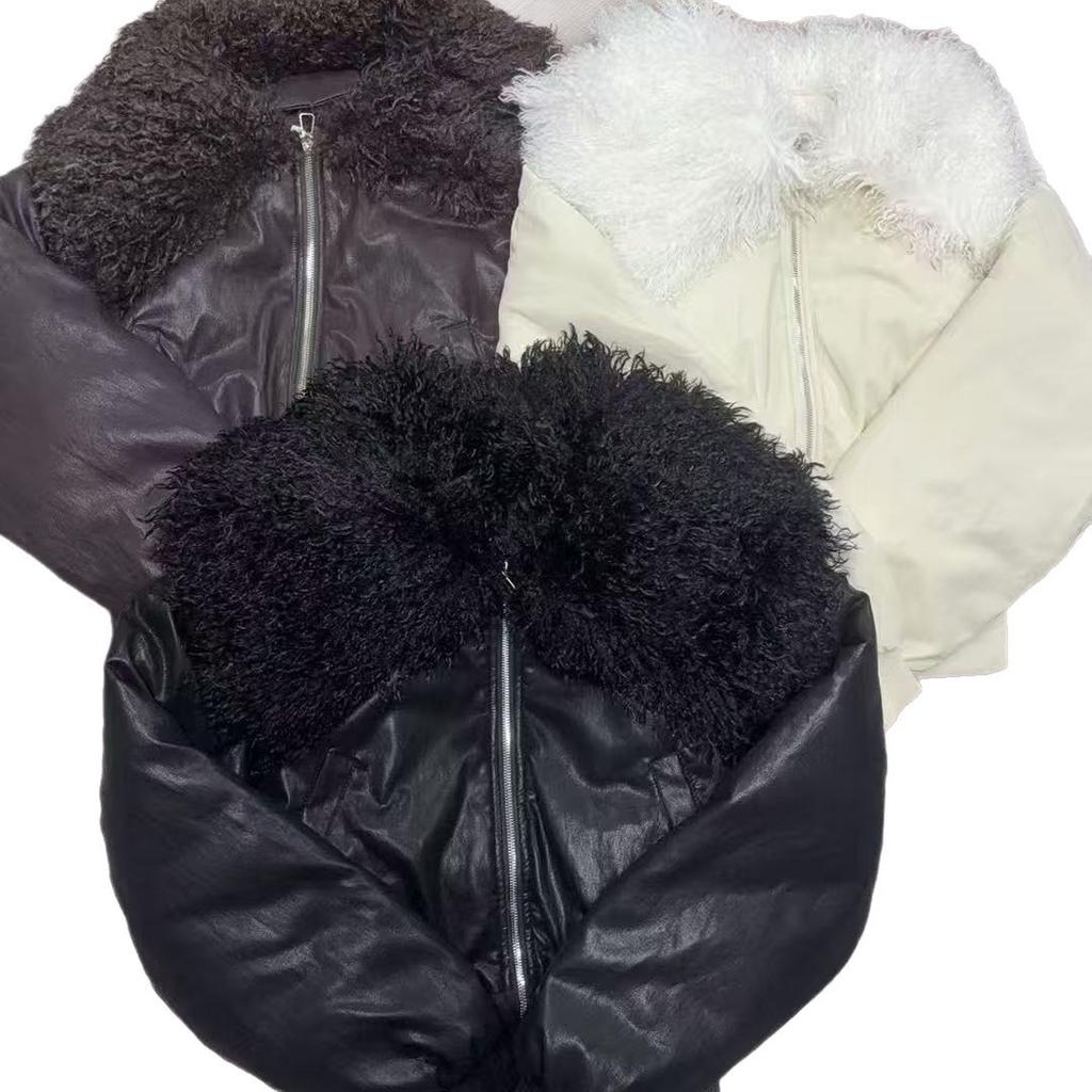 Niche cool lamb wool large lapel locomotive cotton clothes thickened padded short pu leather cotton-padded clothes winter coat