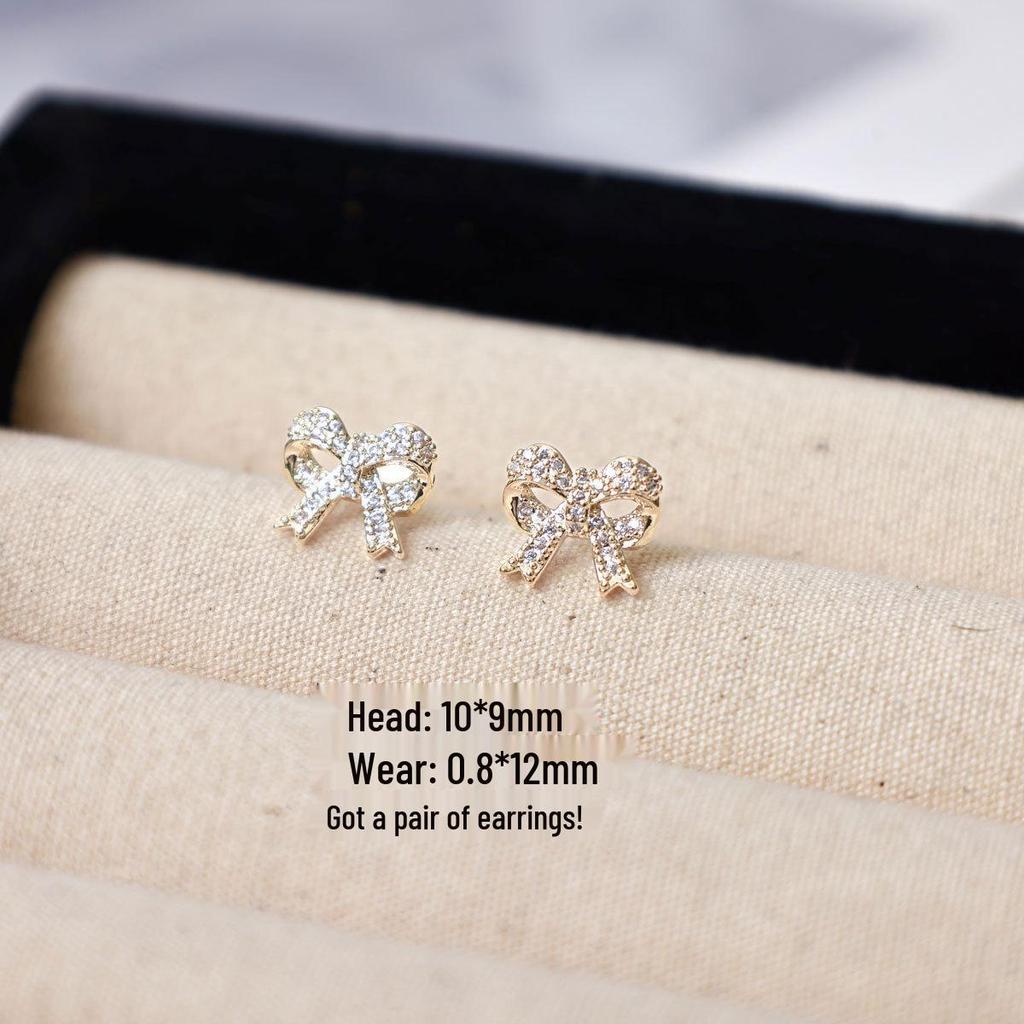 Copper-Plated Gold Bow Earrings with 925 Silver Needle and Flower Diamond Inlay for Women