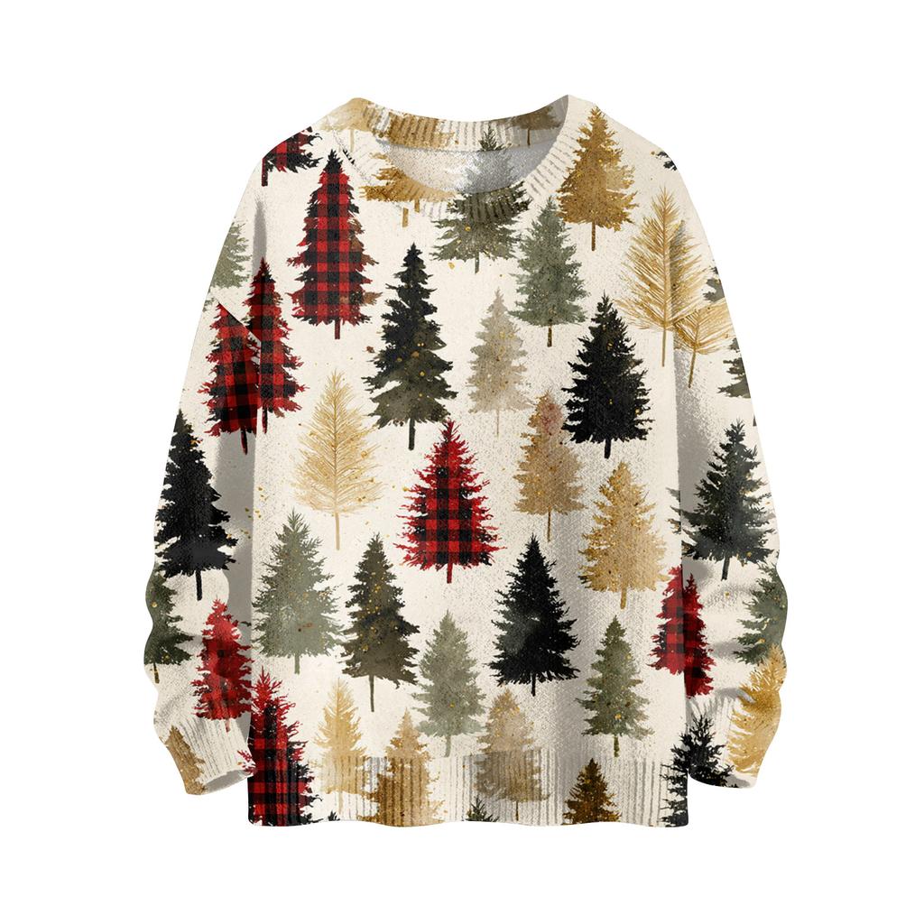 Women's Fashion Casual Long Sleeve Christmas Printed Round Neck Knitted Top