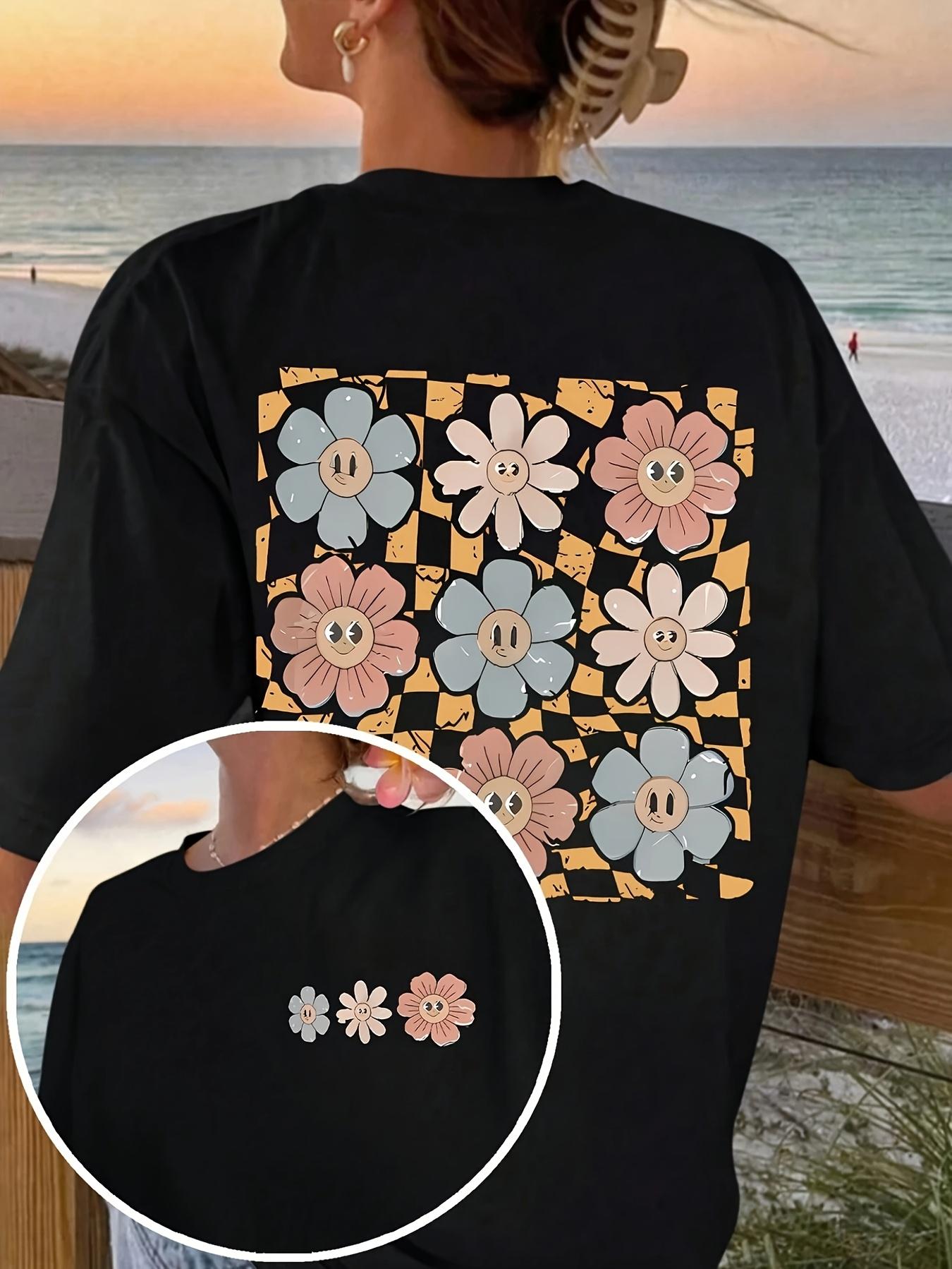 

Womens Plus Size Sunshine Flowers Pattern Tshirt Cotton Breathable Fashionable and Versatile Unisex Streetwear Oversized 4XL