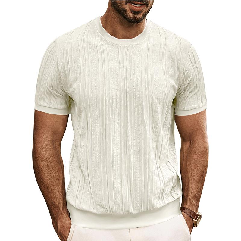 Fashionable Men's Short-sleeved T-shirt Jacquard Sweater Round Neck Striped Solid Color Versatile Casual Pullover Top