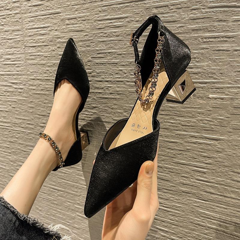 

H377-38 Black high heels thick heel 5cm pointed hollow high heels women s spring new one-word buckle single shoes low heel 34