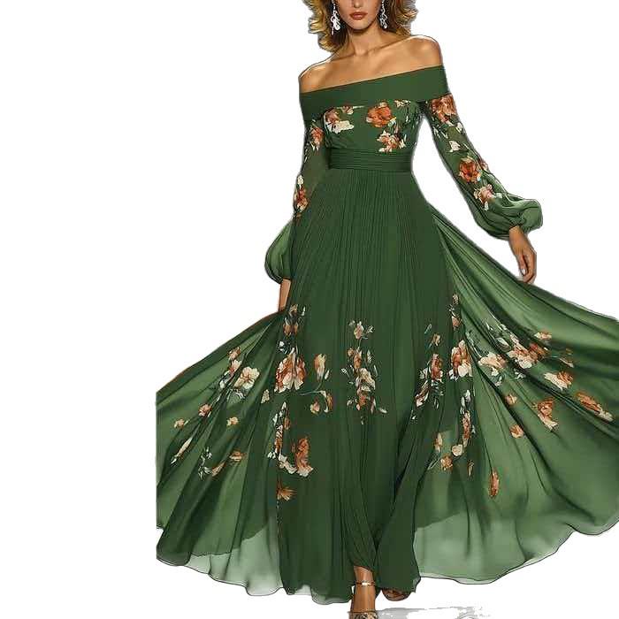 

2026 European & American Women s One-Shoulder Floral Print Long Sleeve Dress S смарагдовий/зелений