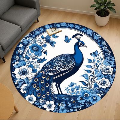 1pc Peacock Flowers Round Chair Mat Area Rug - Non-Slip, Floor Mat for Office, Bedroom, and Indoor Decor -1002210