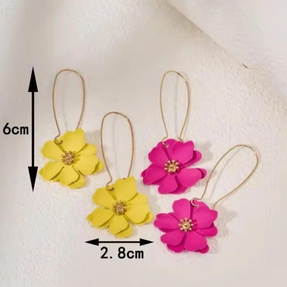 Vintage Red Enamel Flower Drop Earrings For Women Korean Sweet Long Petal Temperament Earrings Accessories Jewelry
