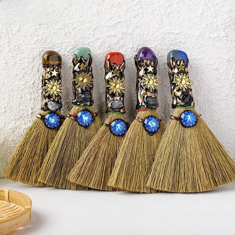 Twelve Zodiac Signs Crystal Stone Figurine With Handmade Magic Broom For Home Decor And Gift Giving