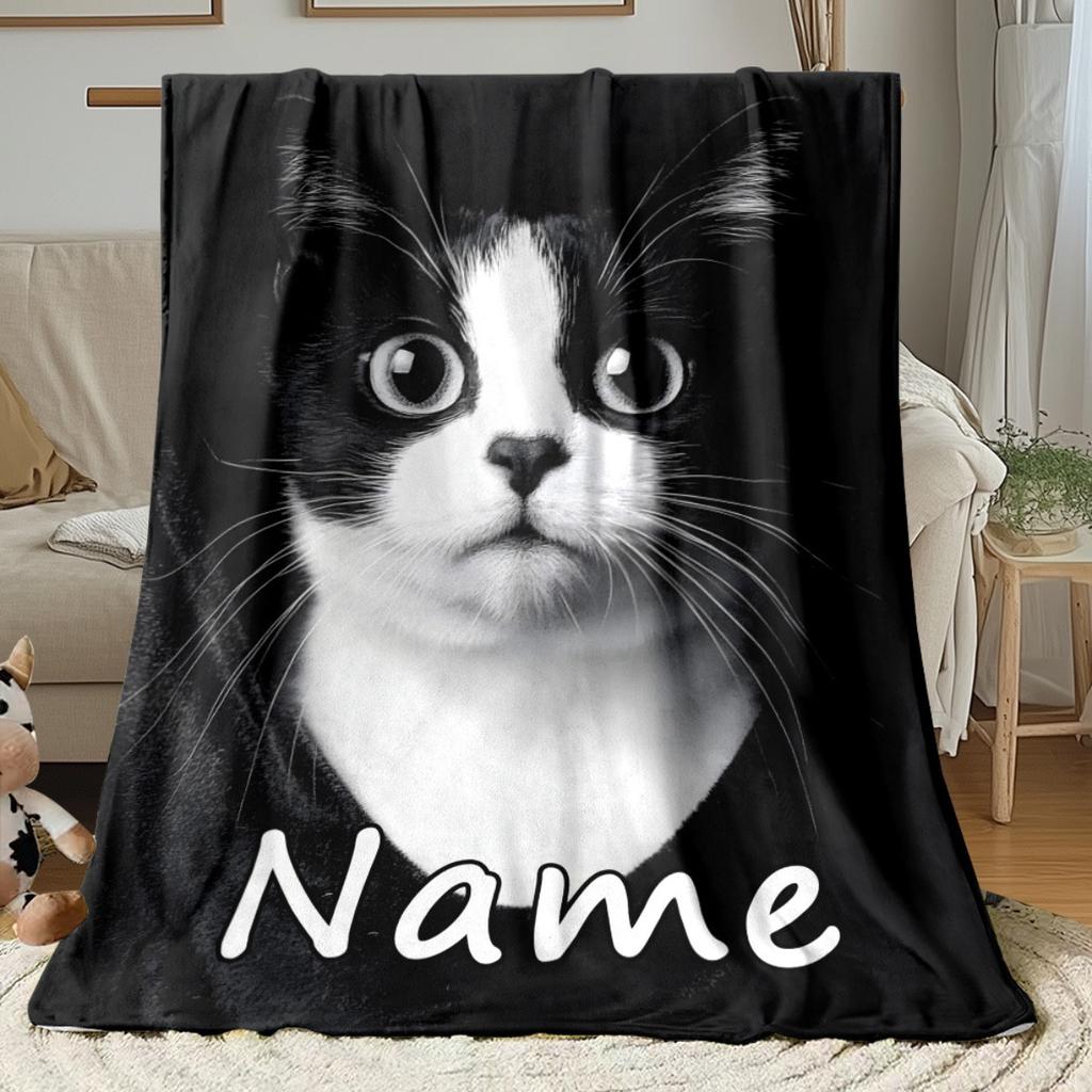 Custom Black White Cat Blanket Personalized Name Fleece Throw All Season Soft Warm Bedding Home Decor Gift for Cat Lovers