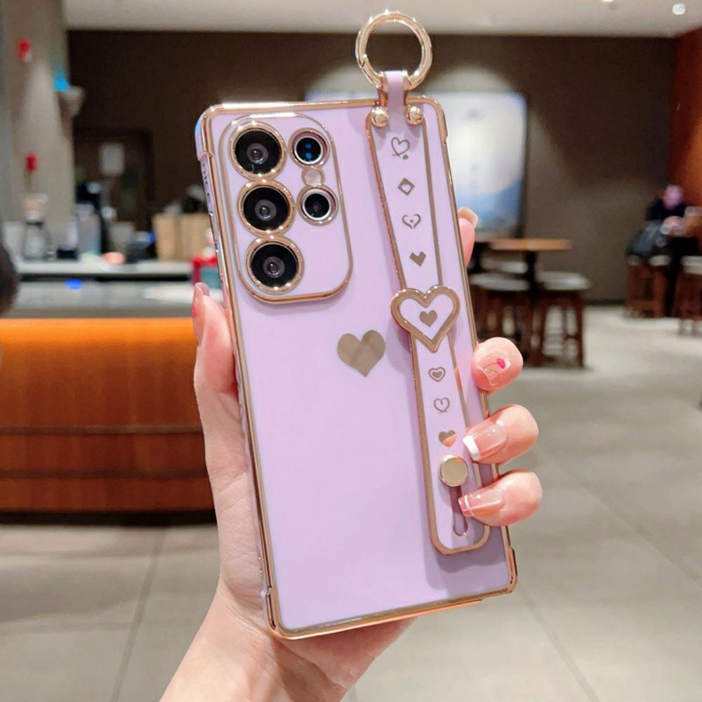 For Samsung Galaxy S26 Ultra Case Wristband Kickstand Electroplated Love Heart TPU Phone Cover Finger Holder