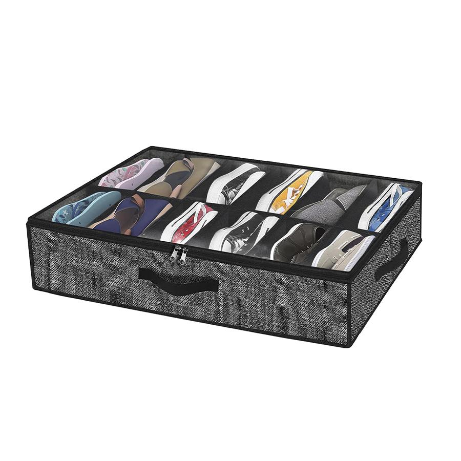 Under Bed Shoe Organizer, Holds 12 Pairs of Shoes, Shoe Packing Organizer with Transparent Window, Breathable, Foldable
