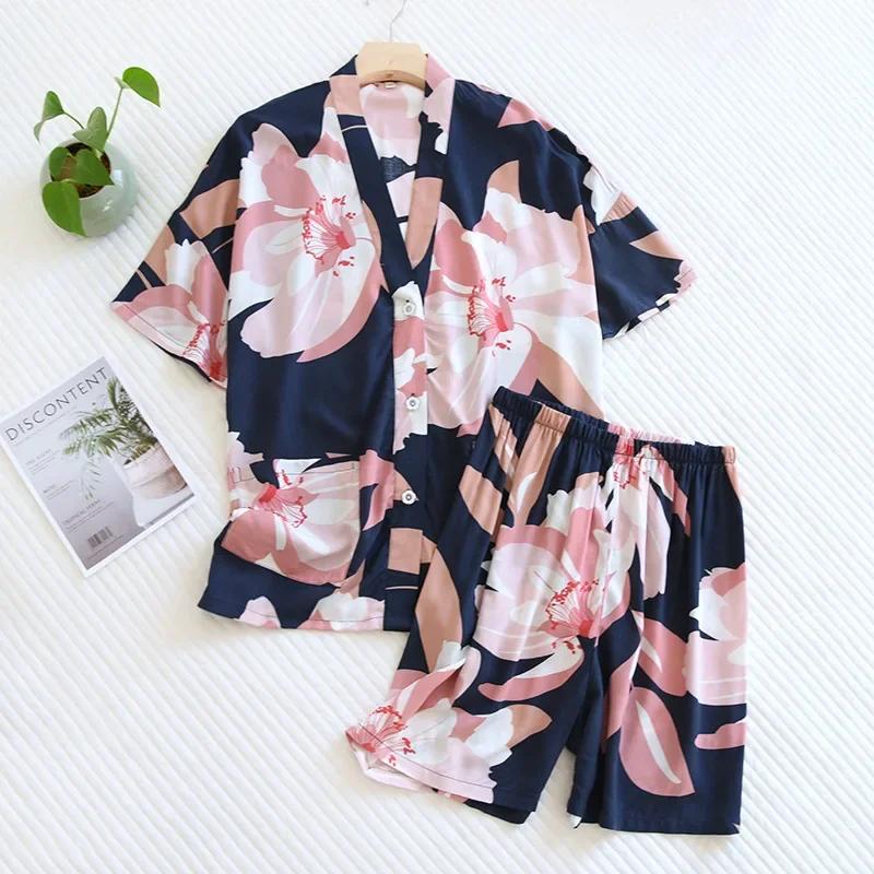 New Summer Ladies 100% Viscose Pajamas Short Sleeve Shorts Two Piece Floral V-Neck Thin Loose Women's Homewear Set Sleepwear