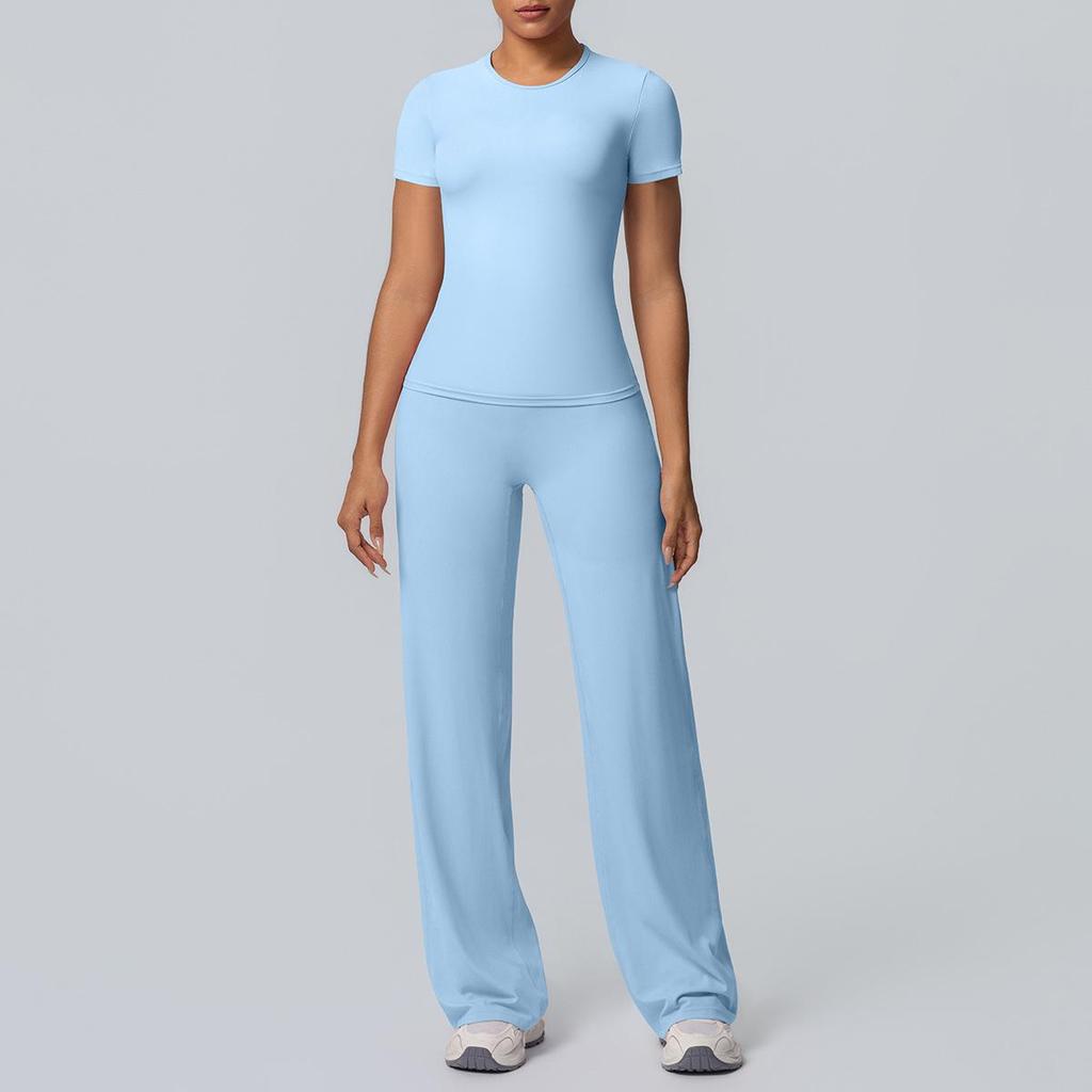 Tvådelad Enfärgad Yoga-dräkt: Dubbelsidig borstad långärmad topp med vida byxor för träning, löpning och fitness