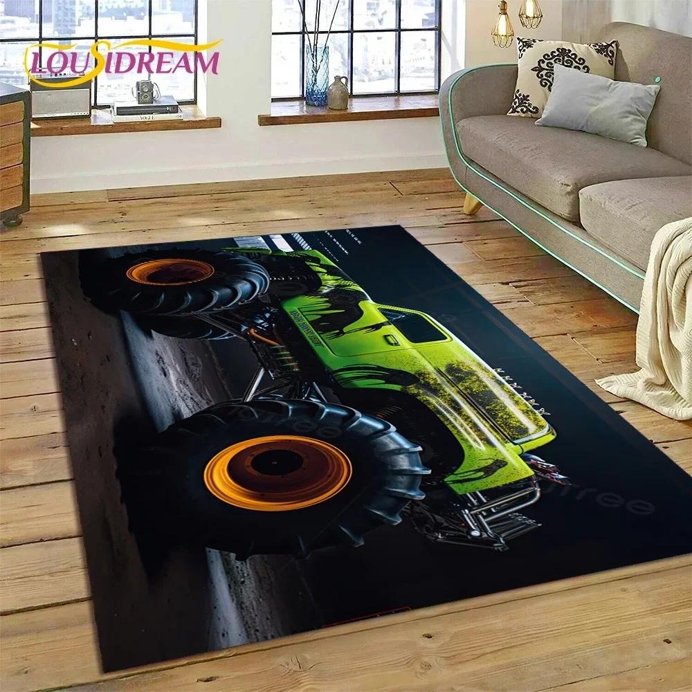 Tapete de Desenho Animado Monster Truck Monster Jam para Quarto Sala de Estar Decoração de Casa Sofá, Jogo Infantil Grande Tapete de Chão Decorativo