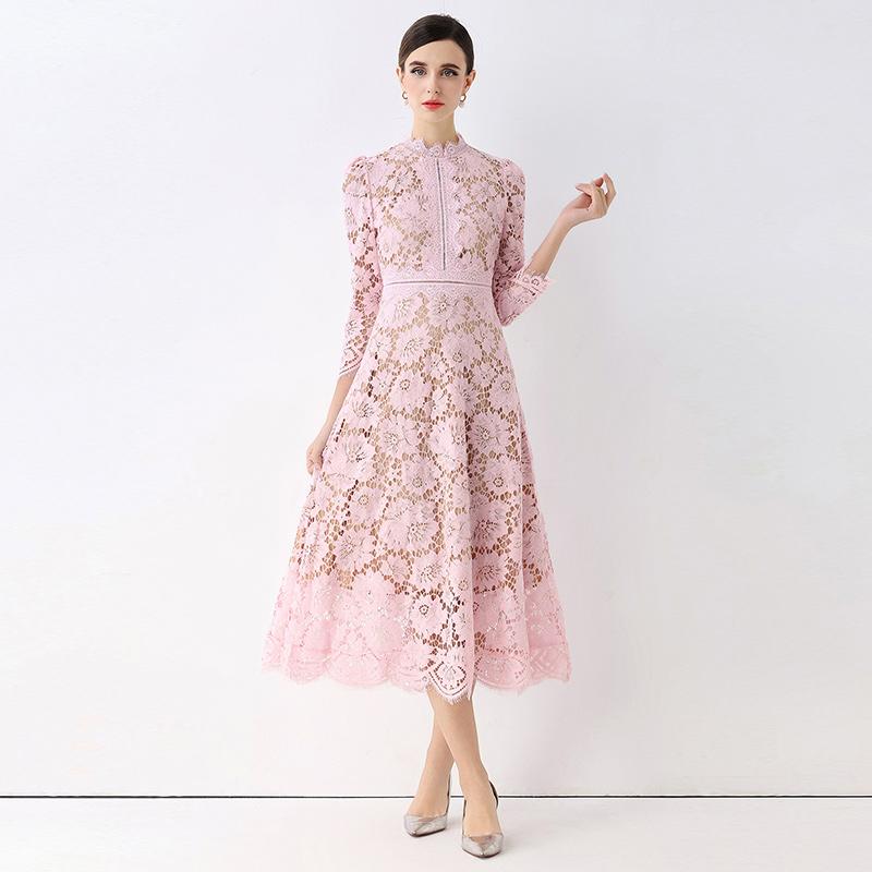 Vestidos Midi de Festa Femininos Vintage de Manga Comprida Vazados em Renda para Primavera Outono