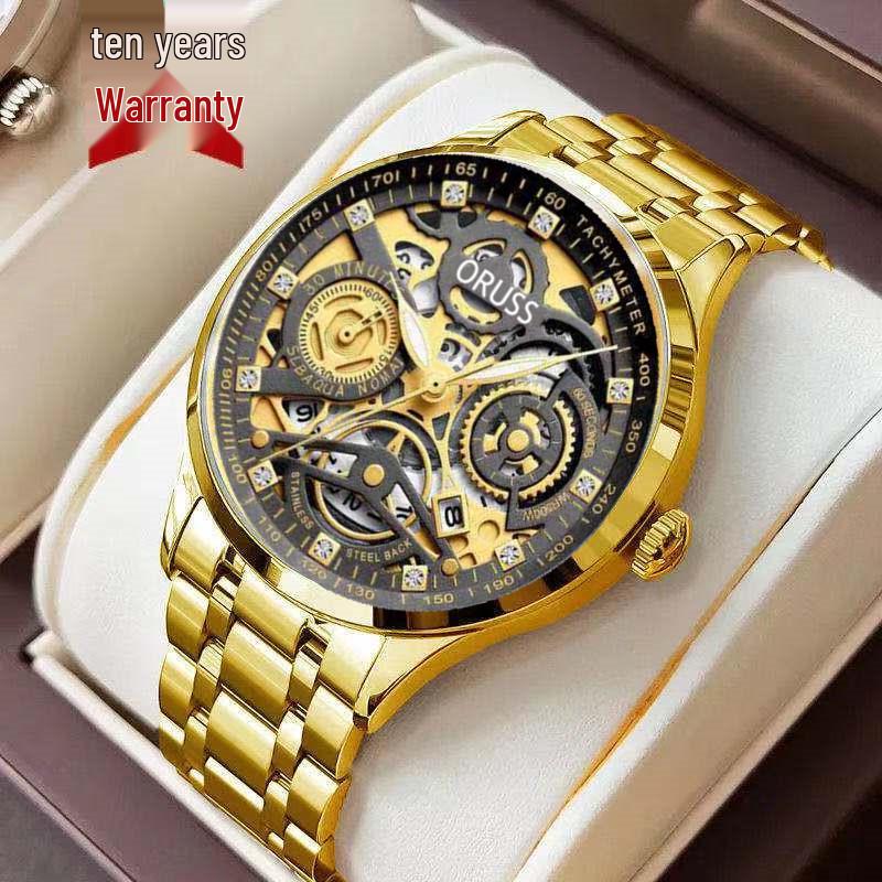 Men's Waterproof Automatic Quartz Watch with Luminous Hollow Diamond Design