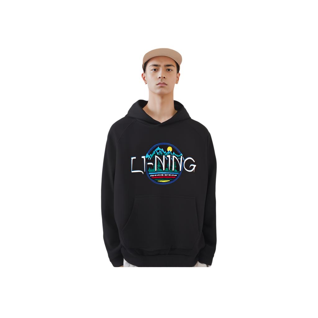 Li Ning Letter Embroidery Loose Pullover Hoodie Unisex Hoodies Black AWDT257-1