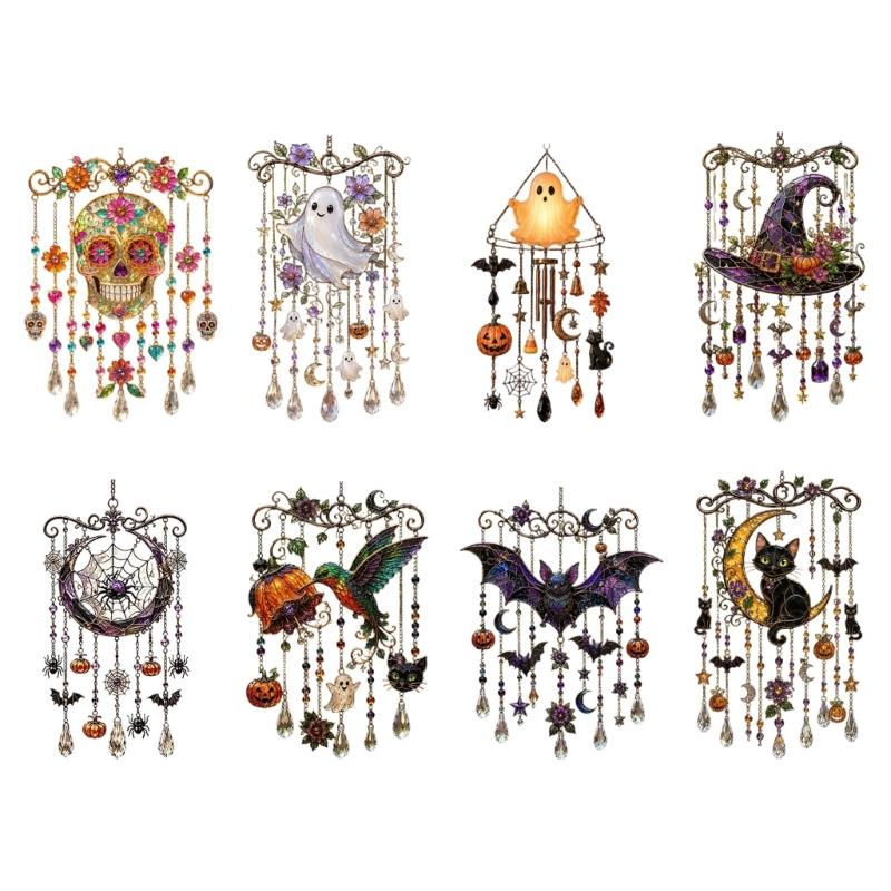 Halloween Entryway Hanging Ornament Acrylic Sun Catchers Wind Chimes with Crystal-Look Drop for Indoor Window Decors