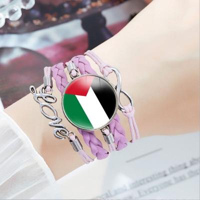 Round Palestine Flag Decor Bracelet Multi Layer Adjustable Handmade Bracelet Metal Letter Knot Faux Leather Wristband Jewelry Gift