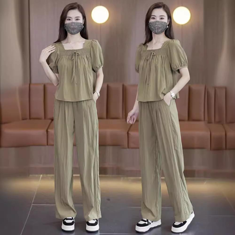 Women's Summer 2024 Slimming Square Neck Wide-Leg Pants Set - Fashionable, Age-Reducing, Small Size Two-Piece Outfit.