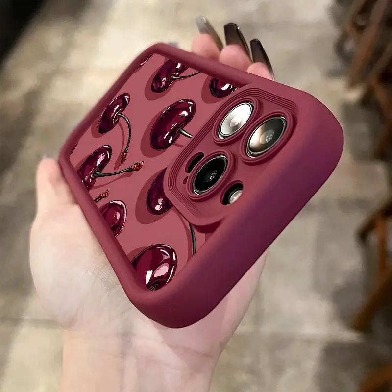 Luxury Wine Red Cherry Print Case for IPhone 16 15 17 Air 14 13 12 11 Pro Max 7 8 16 Plus 16e Shockproof Silicone Phone Cover
