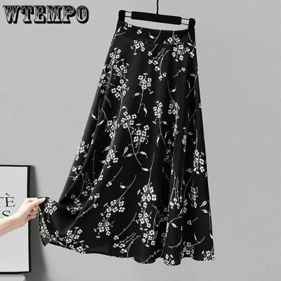 Floral Half Skirt Summer High Waist Slimming Wide White Printed Skirt A-line Chiffon Mid Length Skirt