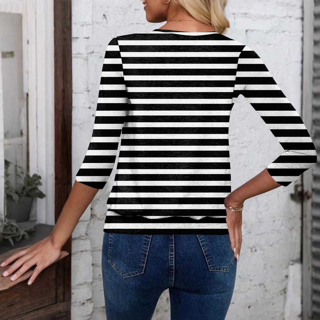 Top de damă casual la modă, cu decolteu în V, mânecă trei sferturi și imprimeu