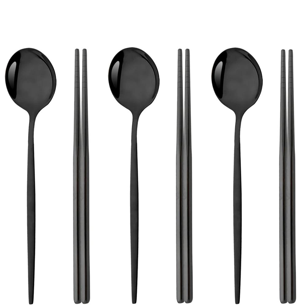 6Pcs High Quality Dinnerware Set Stainless Steel Flatware Set Mirror Kitchen Tableware Gold Dinner Spoon Chopsticks Cutlery Set