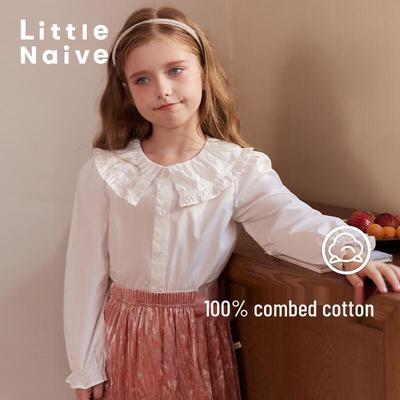 Little Naive Girls' Ruffle Collar Long Sleeve Cotton Shirt